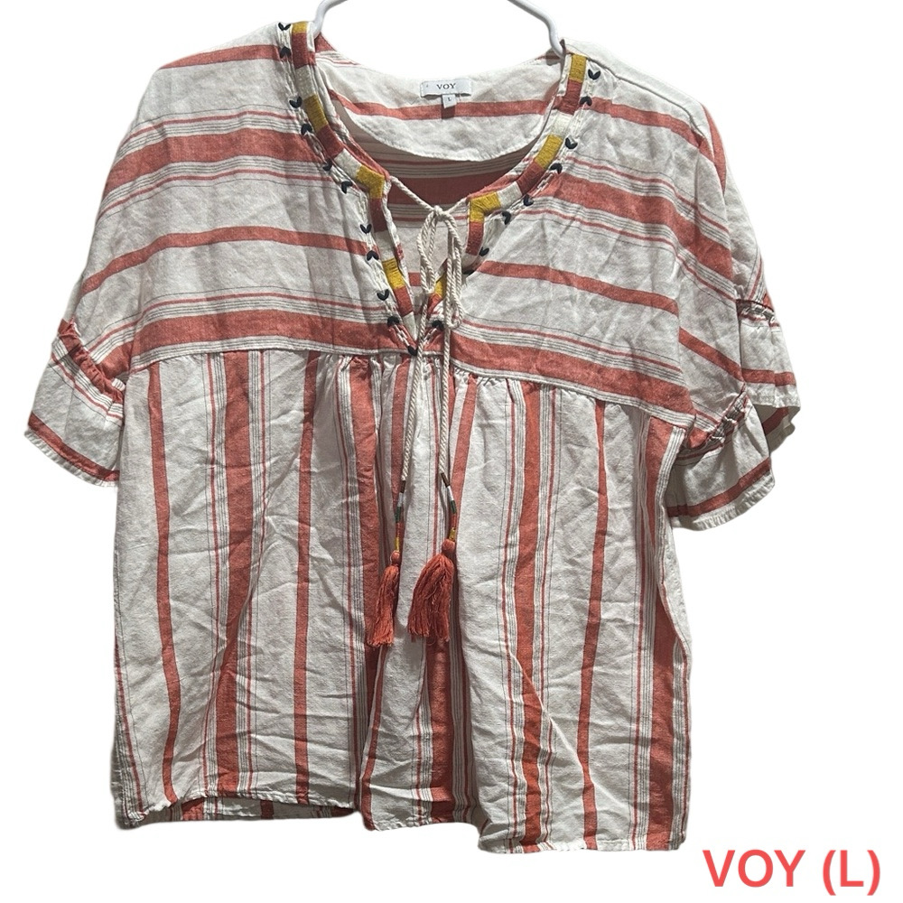 🪗VOY  size L Chic Striped Blouse with Tassel Detail GUC